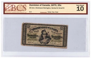 25 Cents 1870 Dominion of Canada Shinplaster Note Small B DC-1b - BCS VG-10 - Picture 1 of 2