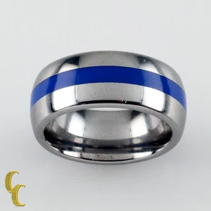 Men's Tungsten Carbide Band Ring w/ Blue Stripe Size 5 - Picture 1 of 5