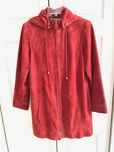 Worth NY Red Suede Coat Sz S Fits M Knee Length Removable Hood Full Zip - Picture 1 of 11