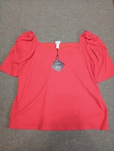 Ava & Viv shirt Women 3X plus size Red Poppy Color Short Puff Sleeve Blouse EUC - Picture 1 of 8