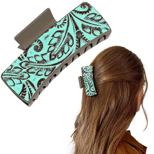 Western Hair Clips, Large Real Leather Brown and Turquoise Embossed Tooled 4" Ha - Picture 1 of 9