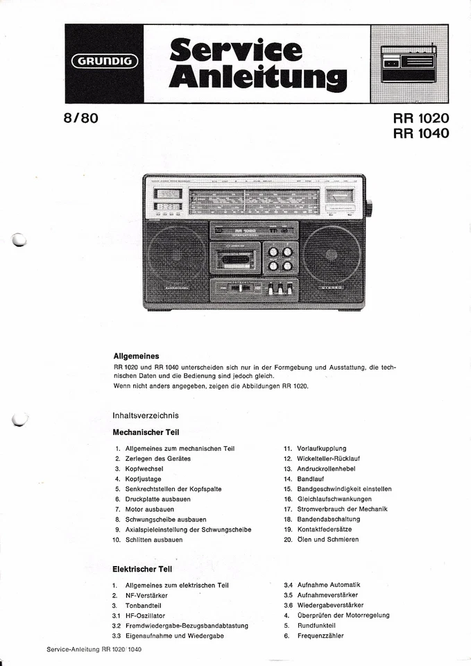 Manual de servicio Instrucciones para Grundig RR 1020, RR 1040 Foto 1 de 1