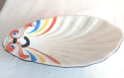 White Shell Art Deco Blue Red Yellow Ceramic Trinket or Soap Dish Made in Japan - Image 1 of 3