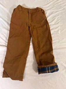 Carhartt Boys Size 5 Brown Canvas Plaid Flannel Lined Carpenter Pants - Picture 1 of 3