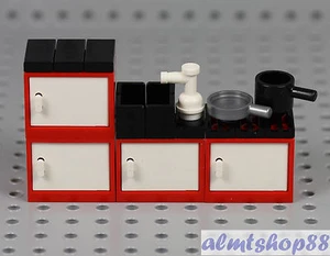 LEGO - Red Kitchen Cabinets w/ Sink Stove Oven Fridge Pan Minifigure Cupboard - Picture 1 of 1