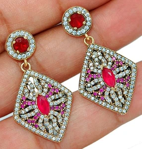 Ottoman Empire Style 8CT Treated Ruby 925 Sterling Silver Earrings TB1 - Picture 1 of 2