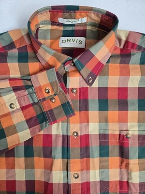 Orvis Para Hombre XL Grueso Algodón Verde Naranja Rojo Cuadros Otoño Manga Larga Con Botones Foto 1 de 4