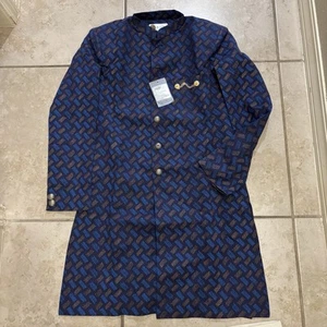 Kisah Men's Printed Sherwani Kurta & Pajama Set Mandarin Collar Navy Blue Sz 38 - Picture 1 of 14