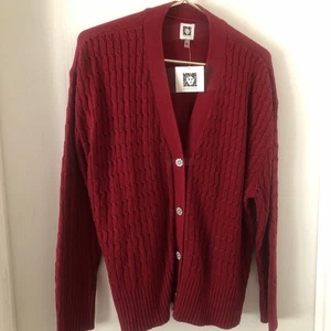 Anne Klein Strickjacke rot Zopfmuster Schmuck Button Down Größe XL Neu mit Etikett Weihnachten - Bild 1 von 7