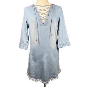Love Tree Blue 3/4 Roll Tab Sleeve Shirt Dress Size S Fringe Trim Tie Neck - Picture 1 of 11