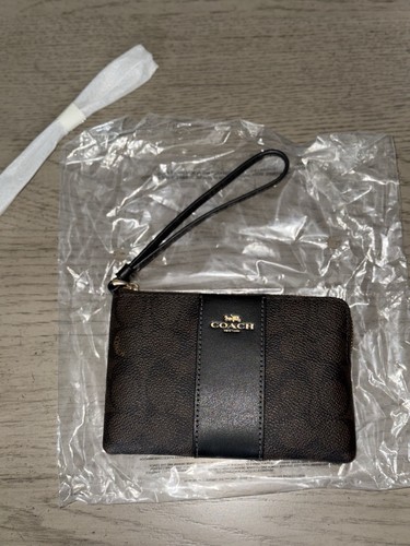 Coach Angolo Zip Firmato Tela Rivestita con Righe CW854 Marrone e Nero