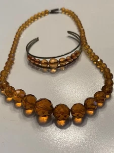 Vintage Faceted Beaded 17” Choker Necklace & Cuff Bracelet Amber Color Beads - Picture 1 of 10