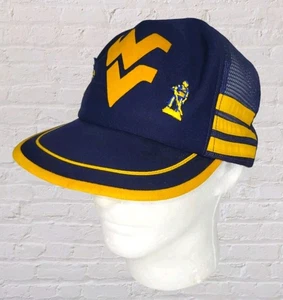 Vtg 80s West Virginia 3 Stripe Trucker Cap WV Mountaineers Hat Snapback WVU - Picture 1 of 9