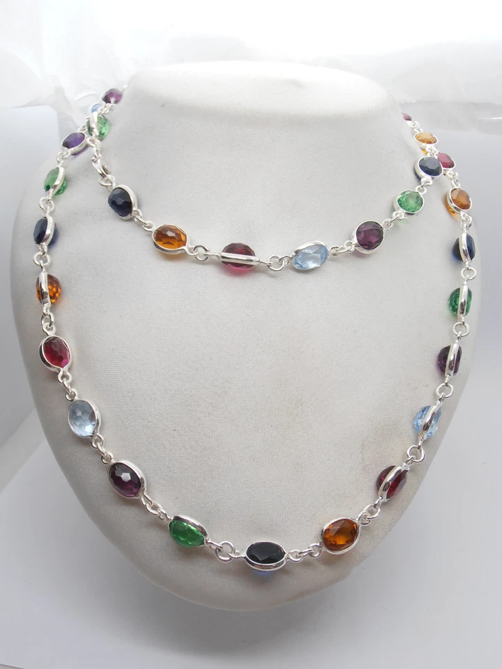 Collana in Argento 925 e Pietre Sintetiche - Girocollo Ametista Zaffiro Smeraldo - Immagine 1 di 4