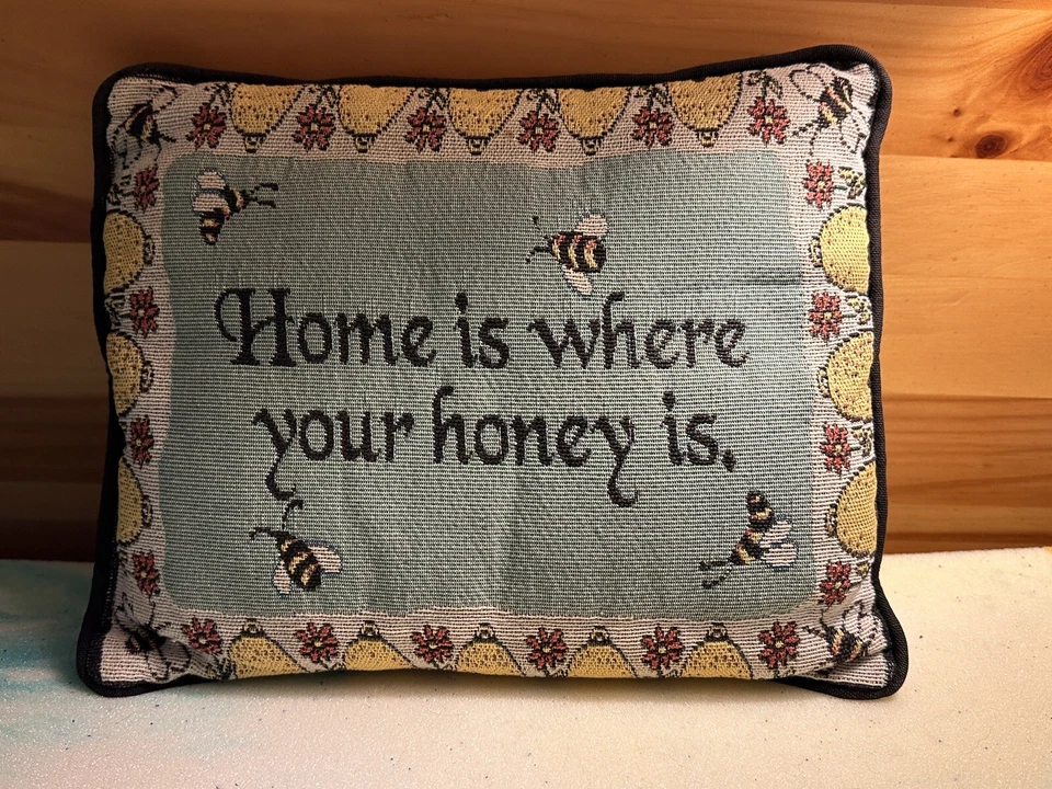 Vtg Needlepoint Small Throw Pillow Cross Stitch Honey Bee Home Floral Decor - Image 1 of 4