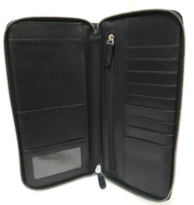 Cartera Coach delgada con cremallera insertada cuero negro tarjetero beige 10" L Foto 1 de 4