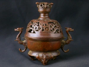 Large Hand Made Chinese Bronze 3 Legs Incense Burner W/2*Dragon* Er - Picture 1 of 12
