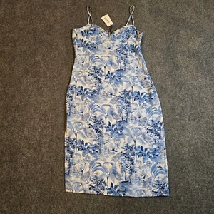 Cider Dress Womens XL Blue White Floral Tropical Beach Fitted Strapless Cocktail - Picture 1 of 10