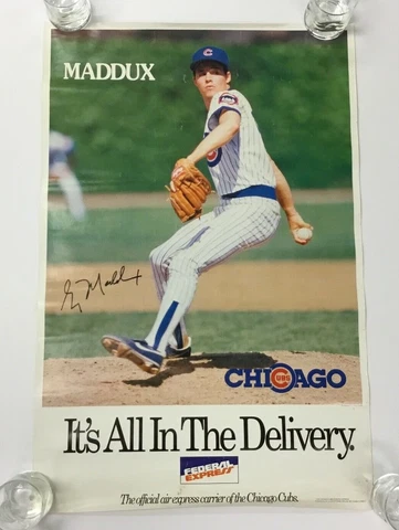Greg Maddux 1990 Chicago Cubs & FedEx MLB Baseball Action Poster Ad Vintage Rare Cover