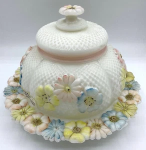 Antique EAPG Consolidated Glass Co Cosmos Milk Glass Covered Butter Cheese Dish - Picture 1 of 7