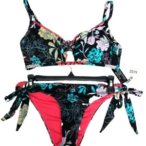 Bar III Women's 2 Pc. Bikini, Black Floral Side Tie Bottoms & Barlett Top Size M - Picture 1 of 11
