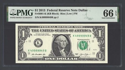 United States-1 Dollar 2013 Fr#3001-K (KB Block) "S/N 49999949" UNC Grade 66 - Image 1 of 2
