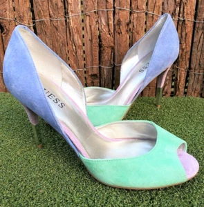 GUESS LORETA peep toe suede heels size 8 M - baby blue/green RRP$149 - Picture 1 of 7