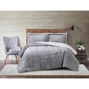 Truly Soft Comforter Set King Polyester Machine Wash Solid Color Gray 3-Piece - Picture 1 of 6