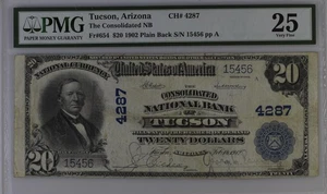 1902 PB $20 Note Consolidated National Bank of Tucson AZ CH#4287 FR#654 PMG VF25 - Picture 1 of 2