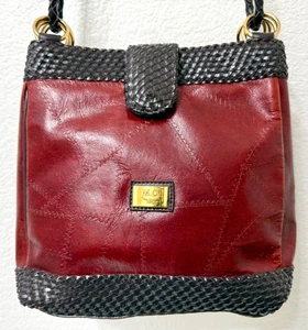 Vint. Borsa a tracolla MC Messenger secchiello pelle marrone nero treccia bordo e cinghie - Foto 1 di 20