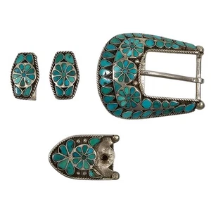 Vintage Dishta Zuni Sterlingsilber Türkis Blume Design Gürtelschnalle Set Ist-Zustand - Bild 1 von 16