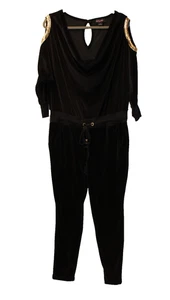 BABY PHAT BLACK VELOUR COWL NECK ONE PIECE ROMPER BODYSUIT W/ GOLD TONE MESH - Picture 1 of 11