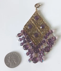Vintage Gold-tone Filigree Pendant w/ Dozens of Dangling Purple Stones 4" x 2" - Picture 1 of 10