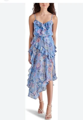 Vestido Steve Madden Delphine L 12 Azul Azure MIDI Gasa Volantes Fairycore Floral Foto 1 de 4