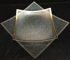 Square Glass Tray Set Of 2 Stippled Bottom Clear Gold and Silver Tone Border  - Picture 1 of 10