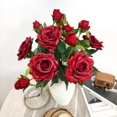 Поддельные красные розы цветы 6 шт. искусственный шелк настоящее прикосновение увлажняющие искусственные розы... - Изображение 1 из 4