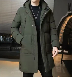 Men's Coat Mid-length Coat Hooded Cotton Coat Winter Workwear Long Warm Jacket - Picture 1 of 7