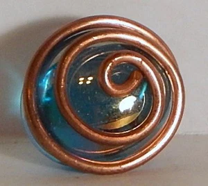 VINT HANDCRAFTED BLUE AB GLASS BUTTON WITH COPPER WIRE WRAP - Picture 1 of 3