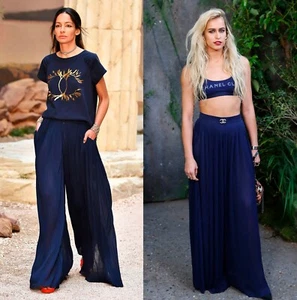 CHANEL 18C GREECE RUNWAY NAVY BLUE WIDE LEG PANTS TROUSERS 40 - Picture 1 of 10