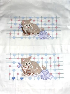 Vintage Bucilla Stamped Pillowcase Pair Embroidery Cats 1993 Partially Done - Picture 1 of 5