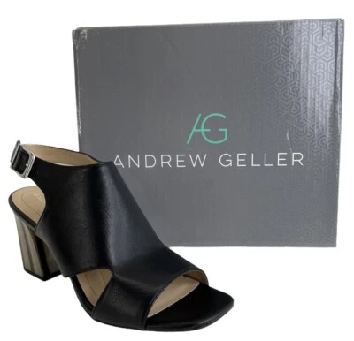 NIB Andrew Geller Castle Women's Black Heels Square Open Toe Buckle Closure  - Image 1 of 4