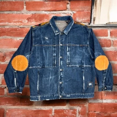 Jaqueta Mecca EUA XXXL upcycled azul denim rasgado patchwork OOAK - Imagem 1 de 4