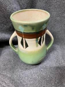 Vintage Art Deco Vase Double Handled Green Aztec Geometric Pottery - Picture 1 of 8