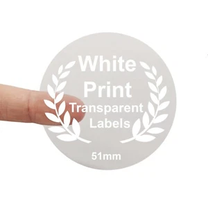 Transparent Stickers With White Print 37mm Round, Custom Circle Logo Labels - Picture 1 of 11