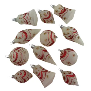 Vtg Glass Christmas Ornaments Frosted Red Gold Glitter Swags Teardrops Set of 12 - Picture 1 of 12