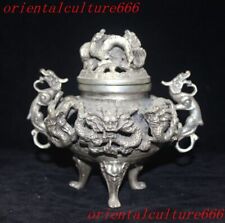 6"China Tibetan silver Feng Shui animal dragon loong Incense burner Censer