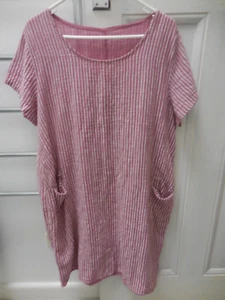 MADE IN ITALY PINK WHITE STRIPE LINEN COTTON BOXY DRESS POCKETS AS NEW M L - Picture 1 of 4