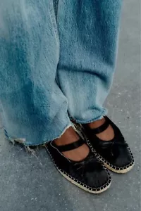 ZARA BNWT Black Topstitched Bow Espadrilles Ballet Summer Flats UK 4 EUR 37 New - Picture 1 of 8
