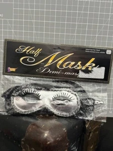 Forum Adult Lace Silver/Black Half Mask With Handle Halloween Costume Accessory - Picture 1 of 2