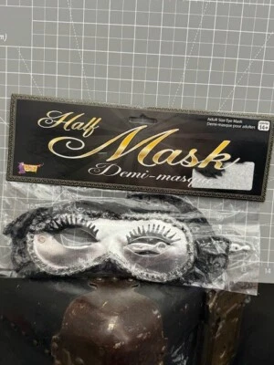 Forum Adult Lace Silver/Black Half Mask With Handle Halloween Costume Accessory - Image 1 of 2
